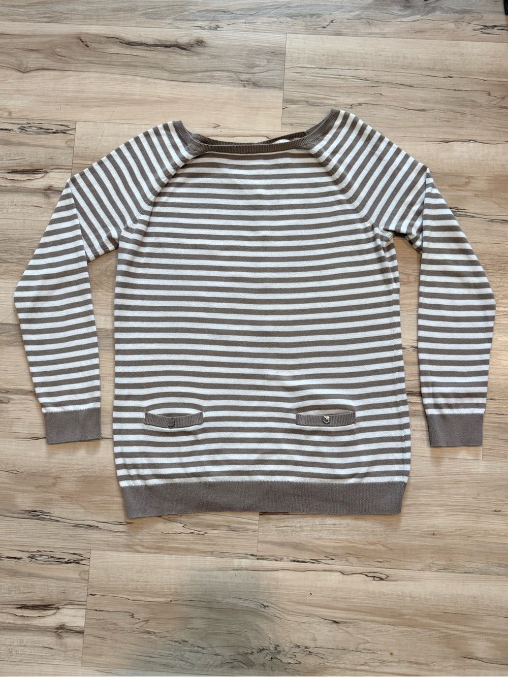 LOFT Taupe and White Striped Lightweight Sweater 0005